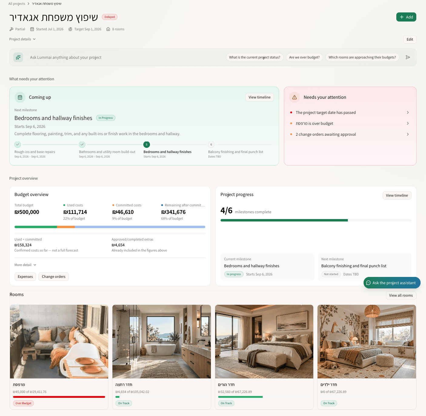 Lummai dashboard showing budgets, floor plans, and team collaboration